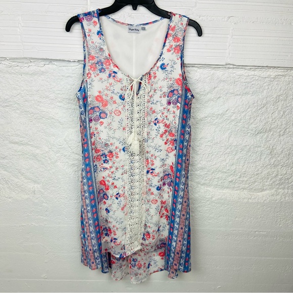 BRIGITTE BAILEY floral bohemian tassel sleeveless western mini dress size large - Picture 1 of 17